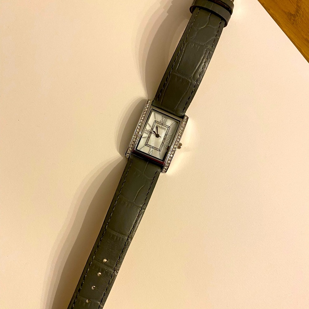 Tank Watch with Mother of Pearl Face, Crystals and Grey Leather Strap